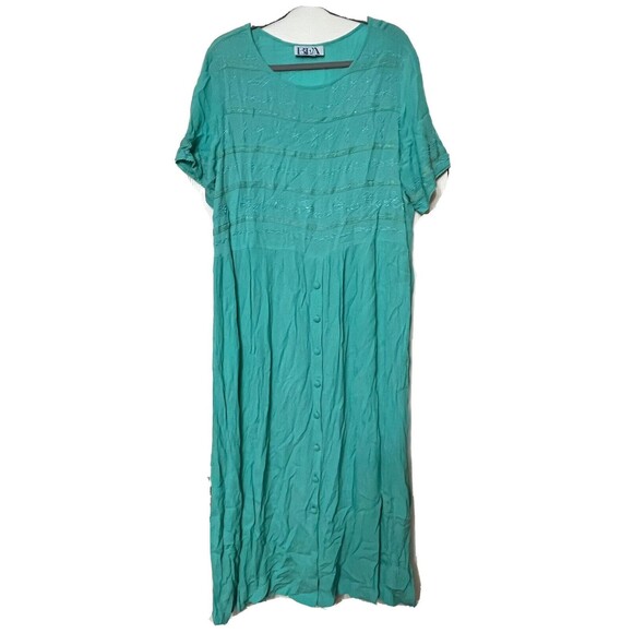 Vintage BFA Classics Dress Long Maxi Short Sleeve Button‎ Up Green Large Cottage - Picture 1 of 2